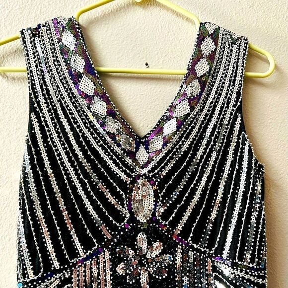1920s Gatsby Flapper Gothic Black and Silver Sequins Dress Size S* - Picture 5 of 10